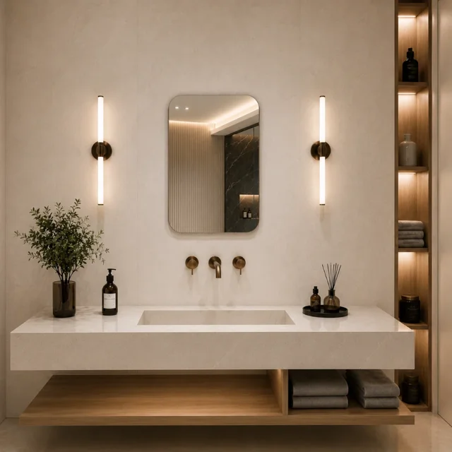 آینه بدون قاب مستطیلی گوشهگرد توییس مدل FLR-5060 سایز ۵۰×۶۰ در سرویس بهداشتی نمای دورتر