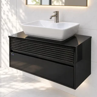 روشویی کابینتی مشکی پیانویی TWS-1039 در فضای سرویس بهداشتی