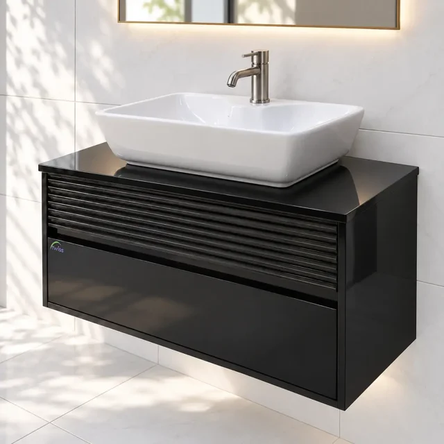 روشویی کابینتی مشکی پیانویی TWS-1039 در فضای سرویس بهداشتی
