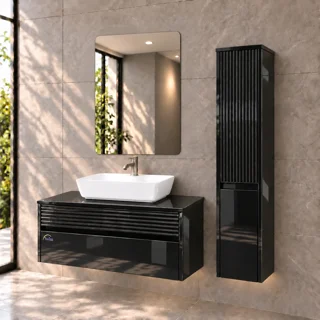 کابینت روشویی مشکی پیانویی توییس مدل TWS-1039 با کاسه گاتریا