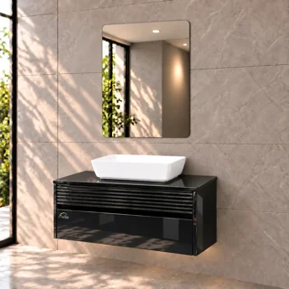 روشویی کابینتی مشکی پیانویی توییس مدل TWS-1039 با کاسه گاتریا و آینه بدون قاب
