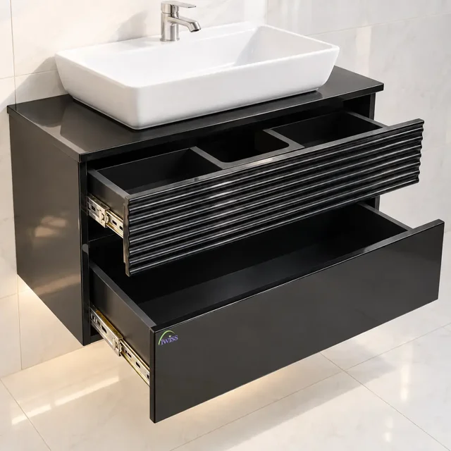 کشوهای باز کابینت روشویی PVC توییس مدل TWS-1039 با ریل آرامبند