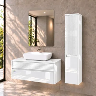 کابینت روشویی سفید پیانویی توییس مدل TWS-1039 با آینه فریم‌لس و باکس کناری