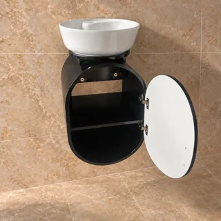 نمای داخل کابینت روشویی بیضی توییس مدل TWS-1040 با درب باز و طبقه داخلی
