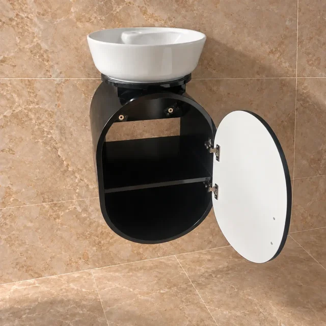 نمای داخل کابینت روشویی بیضی توییس مدل TWS-1040 با درب باز و طبقه داخلی