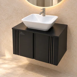 نمای زاویه‌دار کابینت روشویی دیواری توییس مدل TWS-1041 مشکی مات با کاسه سفید
