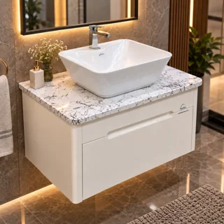 کابینت روشویی سفید توییس مدل TWS-1042 با صفحه طرح سنگ کلکته و کاسه روکار
