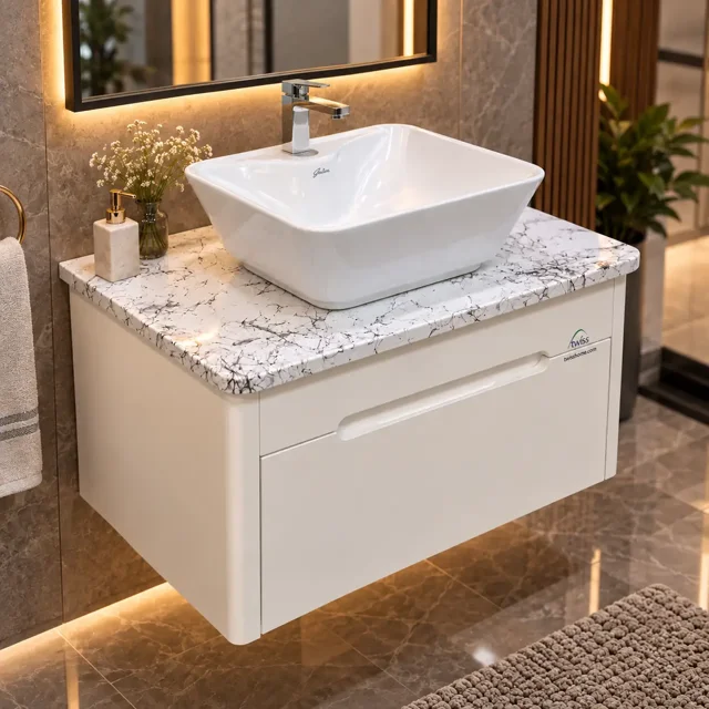 کابینت روشویی سفید توییس مدل TWS-1042 با صفحه طرح سنگ کلکته و کاسه روکار
