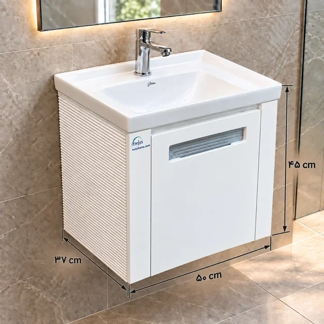 ابعاد روشویی کابینتی توییس TWS-1043 با عرض ۵۰، عمق ۳۷ و ارتفاع ۴۵ سانتیمتر