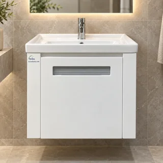 نمای روبه‌روی کابینت روشویی ۵۰ سانتی توییس TWS-1043 با در سفید و دستگیره توکار