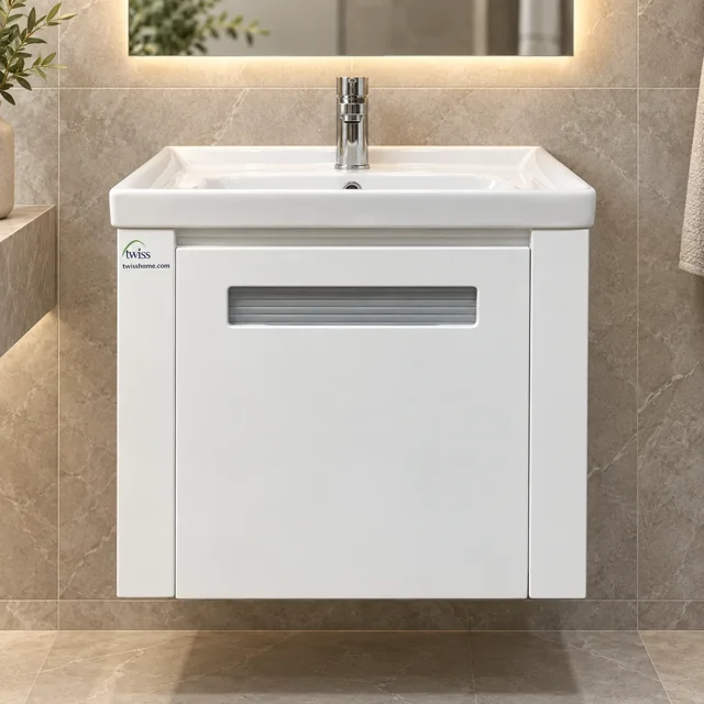 نمای روبهروی کابینت روشویی ۵۰ سانتی توییس TWS-1043 با در سفید و دستگیره توکار