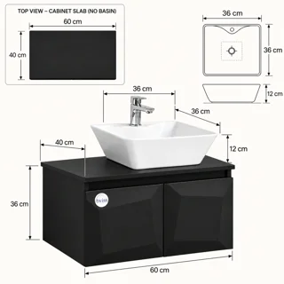 نمای ابعاد کابینت روشویی توییس TWS-3D-MB با عرض ۶۰ و عمق ۴۰ سانتی‌متر