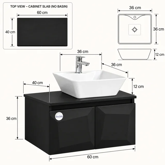 نمای ابعاد کابینت روشویی توییس TWS-3D-MB با عرض ۶۰ و عمق ۴۰ سانتیمتر